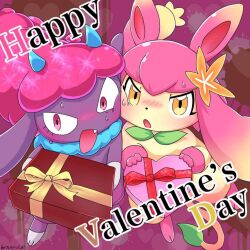 Rule 34 | 2girls, artist request, blush, daedream, fang, flopie, looking at viewer, multiple girls, palworld, pink eyes, source request, valentine, yellow eyes