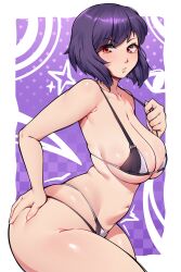 1girl absurdres arched_back bare_shoulders bikini black_bikini blush breasts cleavage closed_mouth collarbone dracksart ghost_in_the_shell ghost_in_the_shell:_stand_alone_complex grabbing_own_ass highres kusanagi_motoko medium_breasts multi-strapped_bikini_bottom navel purple_hair red_eyes shiny_skin short_hair skindentation solo strap_pull swimsuit thighs underboob