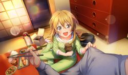 1girl 1other :d black_hat blonde_hair bowl brown_eyes chopsticks cinderella_series film_grain gakuseibou game_cg green_hoodie grey_shirt hachigatsu_no_cinderella_nine hat highres holding holding_chopsticks hood hood_down hoodie indoors iwaki_yoshimi kinosaki_(green_patio) lens_flare light_particles long_hair long_sleeves looking_at_viewer miso_soup no_shoes non-web_source official_art open_mouth rice rice_bowl salmon shirt shouji sliding_doors smile socks tatami teeth upper_teeth_only white_socks