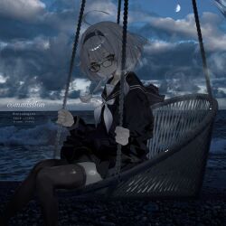 1girl 3d_background beach black_hairband black_serafuku black_shirt black_skirt black_thighhighs blue_sky chain closed_mouth cloud cloudy_sky commentary commission dark feet_out_of_frame glasses gravel grey_hair hairband half_moon hanging_chair highres holding long_sleeves looking_at_viewer miniskirt misumigumi moon night ocean original outdoors pleated_skirt sailor_collar school_uniform serafuku shirt short_hair sitting skeb_commission skirt sky solo swing thighhighs water waves