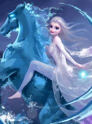 1girl bare_shoulders barefoot blue_eyes blue_leggings chinese_commentary closed_mouth cloud cloudy_sky commentary_request day detached_sleeves dress elsa_(frozen) eyelashes eyeshadow floating_clothes floating_hair frozen_(disney) full_body hair_undone happy highres horseback_riding leggings lipstick long_sleeves makeup official_style outdoors pink_lips riding sky sleeveless sleeveless_dress smile solo water white_dress white_hair white_sleeves wind ye_dian_pikaqiu