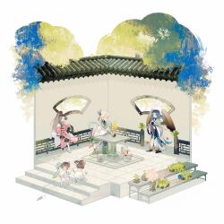 1girl 4boys age_difference aged_down architecture bag black_hair black_pants blue_eyes blue_hair blue_sash bonsai boots braid brown_hair brown_wings butterfly_hair_ornament camellia cape cat child chinese_clothes closed_mouth coat curtained_hair daxiushan diorama dress east_asian_architecture facial_mark feathered_wings female_master_(the_tale_of_food) flower flower_ornament forehead_mark full_body gradient_hair green_eyes green_hanfu green_robe green_shawl grey_robe hair_ornament hanfu highres holding holding_bag holding_hands holding_kite holding_vase kite knee_up leaf_hair_ornament long_hair long_sleeves longjing_shrimp_(the_tale_of_food) looking_at_another looking_at_object looking_back looking_to_the_side lu_wu_(the_tale_of_food) male_master_(the_tale_of_food) multicolored_hair multiple_boys on_railing open_clothes open_coat outdoors pants parted_bangs peach_petal_congee_(the_tale_of_food) pink_flower pink_hair pink_robe ponytail railing robe sash see-through_clothes see-through_shawl shawl shelf shirt shoes short_hair shorts shuling side_braid simple_background single_sidelock sitting stairs standing swallow_bun_(the_tale_of_food) table tassel tassel_hair_ornament the_tale_of_food tile_floor tiles two_side_up vase very_long_hair walking white_background white_boots white_cape white_coat white_dress white_flower white_hair white_robe white_shawl white_shirt white_shoes white_shorts wide_sleeves wings yellow_eyes yellow_flower zhijupao