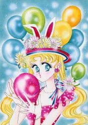 1990s_(style) 1girl absurdres animal_ears animal_hat artbook balloon bishoujo_senshi_sailor_moon blonde_hair blue_background blue_eyes bracelet earrings fake_animal_ears flower flower_earrings hat hat_flower highres holding holding_balloon incredibly_absurdres jewelry multiple_rings necklace official_art pink_lips rabbit_ears retro_artstyle ring scan solo too_many_balloons tsukino_usagi twintails upper_body