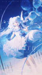 1girl absurdres bare_shoulders bird blue_eyes blue_gloves blue_theme blurry commentary_request depth_of_field dove dress english_text frilled_dress frills gloves gradient_clothes gradient_dress gradient_hair hair_between_eyes hair_ornament happy_birthday highres long_hair miracle_7y multicolored_hair night original scenery sky solo twintails very_long_hair white_dress white_hair