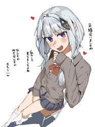 1girl absurdres blue_eyes blush bow bowtie breasts cevio chair grey_hair grey_skirt hair_ornament hand_up heart highres kafu_(cevio) long_hair long_sleeves low_twintails multicolored_eyes on_chair open_mouth pleated_skirt raruraru red_bow red_bowtie red_eyes school_chair shirt simple_background skirt sleeves_past_fingers sleeves_past_wrists small_breasts socks solo translation_request twintails white_background white_shirt white_socks