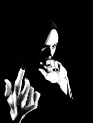 1girl black_outline brown_background greyscale hand_focus head_only highres looking_at_viewer monochrome original outline partially_shaded_face solo tp_p_pt traditional_media
