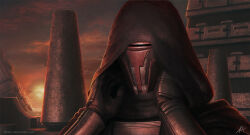 1boy alfdsz artist_name black_hood darth_revan deviantart_username helmet highres outdoors portrait solo star_wars star_wars:_knights_of_the_old_republic sunset watermark web_address