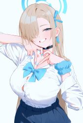 1girl absurdres asuna_(blue_archive) asuna_(school_uniform)_(blue_archive) black_choker blonde_hair blue_archive blue_bow blue_eyes blue_ribbon blue_scrunchie blue_skirt blush bow breasts choker cleavage grin hair_over_one_eye hair_ribbon highres large_breasts long_hair looking_at_viewer luoboji official_alternate_costume ribbon scrunchie shirt sidelocks skirt smile solo white_shirt