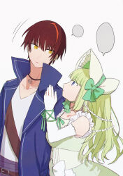 Rule 34 | 1boy, 1girl, anchor necklace, bakara (19083210), belt, belt buckle, blank speech bubble, blue coat, blue eyes, bonnet, bow, brown belt, brown hair, buckle, chromatic aberration, clair vaux bernardus, coat, collarbone, commentary request, dress, elbow gloves, eyelashes, film grain, frills, gloves, green bonnet, green bow, green dress, green hair, green ribbon, height difference, highres, jewelry, lapels, long hair, multicolored hair, necklace, notched lapels, open clothes, open coat, parted lips, red hair, ribbon, shirt, short hair, simple background, sleeveless, sleeveless dress, speech bubble, streaked hair, tsurime, two-tone hair, umineko no naku koro ni, v-neck, white background, white bow, white gloves, white shirt, willard h. wright, yellow eyes