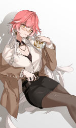 1girl belt black_belt black_pantyhose black_skirt breasts bright_pupils brown_jacket changli_(wuthering_waves) cleavage closed_mouth collared_shirt commentary cup drinking_glass hashtag-only_commentary highres holding holding_cup jacket large_breasts long_hair looking_at_viewer looking_over_eyewear multicolored_hair off_shoulder official_alternate_costume pantyhose pink_hair rena_(rena_emc2) shirt simple_background sitting skirt smile solo two-tone_hair very_long_hair white_background white_hair white_pupils white_shirt wuthering_waves yellow_eyes