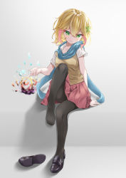 Rule 34 | 1girl, aqua scarf, black pantyhose, black shoes, blonde hair, blush, cardigan, collared shirt, commentary request, gabriel dropout, green eyes, hair ornament, highres, long hair, multicolored hair, orange0150, pantyhose, pink hair, pleated skirt, red skirt, scarf, shirt, shoes, short sleeves, single shoe, skirt, smile, solo, star (symbol), star hair ornament, streaked hair, tapris chisaki sugarbell, toes, unworn shoes, white background, white shirt, yellow cardigan