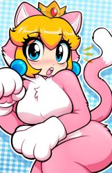 1girl animal_costume animal_ears animal_hands blonde_hair blue_eyes cat_costume cat_ears cat_peach cat_tail crown earrings gloves highres hood jewelry looking_at_viewer mario_(series) moozua nintendo paw_pose princess_peach sphere_earrings super_mario_3d_world tail