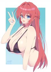 1girl :d aqua_background bare_arms bikini black_bikini blue_nails blush border braid breasts cleavage collarbone commentary_request cropped_torso crossed_bangs earrings gradient_background hair_between_eyes hair_intakes highres jewelry large_breasts long_hair looking_at_viewer noe_(noe_emk) open_mouth original red_hair sidelocks smile swimsuit upper_body v very_long_hair white_border