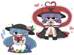 Rule 34 | 2girls, black bow, black hat, black skirt, blue eyes, blue hair, blue skirt, bow, bowtie, capelet, commentary request, frilled capelet, frilled shawl, frills, hat, hat bow, hat ornament, heart, heart hands, hinanawi tenshi, index finger raised, kuuinusuki, leaf hat ornament, long hair, looking at viewer, multiple girls, nagae iku, one eye closed, open mouth, peach hat ornament, purple hair, rainbow order, red bow, red bowtie, red eyes, shawl, shirt, short hair, simple background, skirt, touhou, translation request, v-shaped eyebrows, white background, white shirt