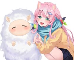 1girl absurdres animal_ears black_skirt blue_scarf coat fangs green_eyes highres iruka_(furyun0220) long_hair looking_at_viewer nijisanji nijisanji_kr open_mouth pink_hair scarf sheep simple_background skirt smile solo v virtual_youtuber white_background yang_nari yellow_coat