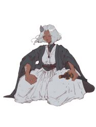 1girl absurdres before_the_dawn_(series) closed_eyes concentrating dark-skinned_female dark_skin elizabeth_achenus_kris full_body highres holding holding_sword holding_weapon horns japanese_clothes jewelry katana kimono large_hands necklace official_art original ring samurai seiza short_hair simple_background single_horn sitting soulstone_amulet sword theo_kris_(artist) thick_thighs thighs weapon white_background white_hair wide_hips