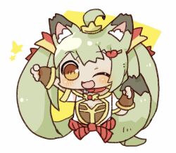 Rule 34 | 1girl, :d, ahoge, animal ears, black shirt, blush, brown gloves, chibi, chibi only, coat, commentary request, crown, fingerless gloves, fox ears, fox girl, fox tail, gloves, green hair, hair ornament, heart, heart hair ornament, long hair, looking at viewer, monk (ragnarok online), one eye closed, open mouth, ragnarok masters, ragnarok online, shirt, smile, solo, tail, tanaka yuugo, twintails, upper body, white coat