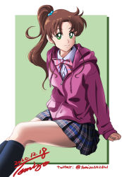 Rule 34 | 1girl, bishoujo senshi sailor moon, bow, brown hair, dated, green eyes, highres, kino makoto, kneehighs, long hair, long sleeves, pink sweater, plaid clothes, plaid skirt, ponytail, shirt, skirt, sleeves past wrists, smile, socks, solo, sweater, tomizofu, twitter username, white shirt