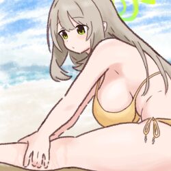 1girl applying_sunscreen bare_shoulders bikini blonde_hair blue_archive blush breasts green_eyes green_halo hair_between_eyes halo highres large_breasts long_hair lotion mushiyaki_bacon nonomi_(blue_archive) nonomi_(swimsuit)_(blue_archive) plump side-tie_bikini_bottom sideboob sitting solo sunscreen swimsuit thighs wet yellow_bikini