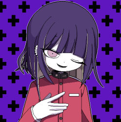 1boy :d colored_inner_hair cross_background ear_piercing gakuran hand_on_own_chest head_tilt highres jacket looking_at_viewer lower_teeth_only male_focus medium_hair multicolored_hair one_eye_closed open_mouth outline piercing pink_eyes pixel_art purple_background purple_hair red_jacket rub-b school_uniform smile solo teeth the_hundred_line_-last_defense_academy- tsukumo_ima upper_body white_outline