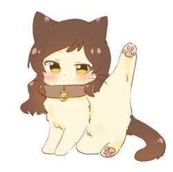 animal animal_collar animal_focus animalization bell blush brown_eyes brown_hair cat closed_mouth collar dot_mouth full_body hutaba idolmaster idolmaster_million_live! kitazawa_shiho leg_lift long_hair looking_at_viewer neck_bell no_humans simple_background white_background