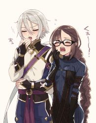 Rule 34 | 1boy, 1girl, :o, black-framed eyewear, black dress, black gloves, blue bodysuit, bodysuit, bodysuit under clothes, braid, brown hair, chinese clothes, closed eyes, commentary request, dress, earrings, elbow gloves, fate/grand order, fate (series), glasses, gloves, highres, jewelry, long braid, long hair, multiple earrings, pinstripe pattern, prince of lan ling (fate), seeds328, single braid, vertical-striped bodysuit, very long hair, white hair, yawning, yu mei-ren (fate), yu mei-ren (first ascension) (fate)