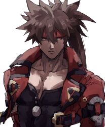 1boy belt black_belt black_shirt brown_hair closed_mouth collarbone collared_jacket commentary_request frown guilty_gear guilty_gear_strive headband highres jacket kometubu0712 long_hair long_sleeves looking_to_the_side male_focus o-ring o-ring_belt open_clothes open_jacket pectoral_cleavage pectorals ponytail red_eyes red_headband red_jacket shirt sideways_glance simple_background sol_badguy solo upper_body white_background