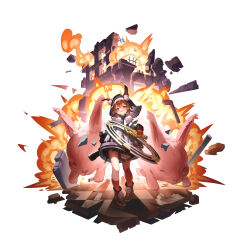 1girl absurdres animal_ears arknights black_boots boots brown_hair caper_(arknights) chinese_commentary commentary explosion gloves heanna highres parted_lips rabbit rabbit_ears rabbit_girl red_eyes red_gloves red_socks red_thighhighs short_hair single_sock single_thighhigh socks solo thighhighs