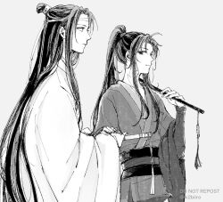 2boys ahoge chinese_clothes closed_mouth dizi flute flute_tassel grey_background greyscale hair_ribbon hanfu headband high_ponytail holding holding_flute holding_instrument holding_sword holding_weapon instrument lan_wangji long_hair long_sleeves looking_at_another male_focus modao_zushi monochrome multiple_boys ponytail profile ribbon robe sash sidelocks simple_background smile sword sword_tassel tassel topknot transverse_flute twitter_username upper_body very_long_hair w2biiro watermark weapon wei_wuxian wide_sleeves xiao_guan_(headdress)