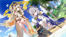 2girls absurdres anger_vein bare_shoulders barefoot beach blonde_hair blue_dress blue_sleeves blue_veil breasts brown_hat commentary detached_sleeves dog dress duonigue_(honkai_impact) eyewear_on_head food hair_ornament hair_ribbon hat highres holding holding_food holding_popsicle honkai_(series) honkai_impact_3rd kaya_(ayase_kaya) large_breasts long_hair long_sleeves medium_breasts multicolored_hair multiple_girls notice_lines orange_hair palm_tree popsicle red_pupils ribbon serapeum_(honkai_impact) songque songque_(jovial_deception:_shadowdimmer) streaked_hair sunglasses tree tress_ribbon two_side_up veil very_long_hair white_hair wide_sleeves yellow_dress yellow_eyes yellow_ribbon