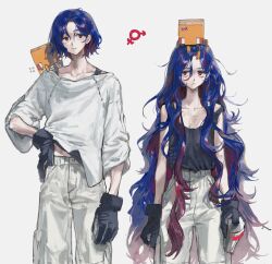 1boy 1girl absurdres black_gloves black_tank_top blue_hair breasts closed_mouth commentary conch_(gundam) diurtion flying_sweatdrops genderswap genderswap_(mtf) gloves grey_background gundam gundam_gquuuuuux hair_between_eyes highres holding long_hair male-female_symbol multicolored_hair pants purple_hair red_eyes red_hair shirt shuji_ito simple_background spray_can symbol-only_commentary tank_top very_long_hair white_pants white_shirt