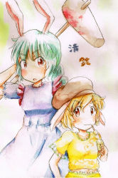 2girls animal_ears annin_moyako bad_id bad_pixiv_id blonde_hair blue_hair blush dango food hat kine mallet multiple_girls open_mouth painting_(medium) rabbit_ears red_eyes ringo_(touhou) seiran_(touhou) short_hair simple_background touhou traditional_media wagashi watercolor_(medium)