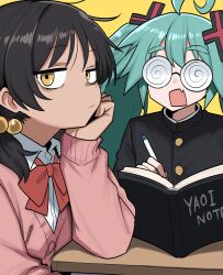 2girls absurdres aqua_eyes bow bowtie brown_hair cardigan coke-bottle_glasses confessions_of_a_rotten_girl_(vocaloid) cross_hair_ornament dandadan death_note_(object) fang flat_chest fujoshi gakuran geulimykun_(skbyunea413) glasses hair_ornament hatsune_miku highres kaai_yuki long_hair looking_at_viewer low_twintails multiple_girls open_mouth pink_cardigan red_bow red_bowtie school_uniform shirt short_twintails skin_fang twintails vocaloid white_shirt yellow_background yellow_eyes zako_(vocaloid)