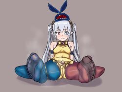 1girl blue_eyes blue_pantyhose blush brown_dust brown_dust_(series) cameltoe feet grey_hair heterochromia highres leotard long_hair looking_at_viewer pantyhose pointy_ears red_eyes red_pantyhose refithea_(brown_dust) soles steam toes twintails vchii_usagi