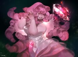 Rule 34 | 1girl, absurdres, bare shoulders, breasts, cleavage, curly hair, diamond (gemstone), dress, highres, large breasts, layered dress, long hair, looking at viewer, pink dress, pink hair, pinned, plump, rose quartz universe, solo, steven universe, thick arms, tto ja, two-tone dress, very long hair, white dress
