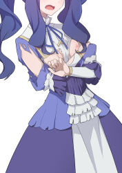 1girl blue_dress blue_hair blue_ribbon breasts dress head_out_of_frame highres long_hair melty_q_melromarc morisobo nail_polish nipples no_bra open_mouth paid_reward_available pink_nails ribbon small_breasts solo tate_no_yuusha_no_nariagari torn_clothes twintails white_background