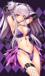1girl alto_seneka argyle_background armpits arms_behind_head arms_up bat_hair_ornament black_gloves brandish_(h_manga) breasts collarbone demon_girl earrings elbow_gloves gloves groin hair_intakes hair_ornament highleg highleg_panties highres jewelry large_breasts long_hair looking_at_viewer multicolored_eyes navel o-ring o-ring_bottom open_mouth panties pentagram pink_hair pointy_ears purple_eyes purple_panties smile solo star_(symbol) stomach thighs twiska two_side_up underwear wings yellow_eyes