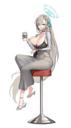 Rule 34 | 1girl, absurdres, alternate costume, asuna (blue archive), black bra, blonde hair, blue archive, blue eyes, blue ribbon, blush, bra, breasts, cardigan, coffee, cropped jacket, cup, disposable coffee cup, disposable cup, dongtan dress, dress, grey dress, grin, hair over one eye, hair ribbon, highres, holding, holding cup, huge breasts, jewelry, long hair, looking at viewer, mask, meme attire, mole, mole on breast, mouth mask, necklace, on stool, puka (oni), ribbon, sidelocks, sitting, slippers, smile, solo, surgical mask, tight clothes, tight dress, underwear, white cardigan, white mask, white slippers