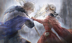 1boy 1girl axe battle_axe blonde_hair blue_cape cape clenched_teeth closed_mouth cloud cloudy_sky collared_cape couple dated_commentary dimitri_alexandre_blaiddyd dimitri_alexandre_blaiddyd_(timeskip) dress edelgard_von_hresvelg edelgard_von_hresvelg_(timeskip) fake_horns fire_emblem fire_emblem:_three_houses from_side fur-trimmed_cape fur_trim grey_background hair_over_eyes hair_up headpiece highres holding holding_axe holding_polearm holding_weapon horns light_particles nintendo outdoors polearm purple_eyes rain red_cape red_dress short_hair sky soma_otakuu standing teeth weapon white_hair