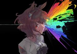 1girl agnes_tachyon_(umamusume) animal_ears bow bowtie brown_hair commentary_request hair_ornament highres horse_ears horse_girl jacket looking_at_viewer marbow_tomato medium_hair open_clothes open_jacket parted_lips portrait purple_bow purple_bowtie purple_shirt rainbow_gradient red_eyes sailor_collar shirt simple_background solo umamusume white_background white_jacket white_sailor_collar