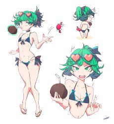1girl absurdres alternate_hairstyle bikini black_bikini black_ribbon coconut drinking_straw eyewear_on_head flat_chest flip-flops full_body green_eyes hair_ribbon halterneck heart heart-shaped_eyewear highres knees_together_feet_apart kuromaruart loli looking_at_viewer multiple_views navel one-punch_man pear-shaped_figure petite ponytail bad_tag ribbon sandals short_hair simple_background swimsuit tatsumaki telekinesis white_background