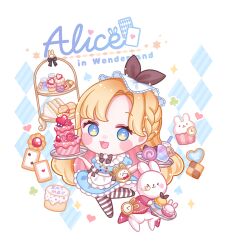 &gt;_&lt; 1girl :3 ace_(playing_card) ace_of_hearts alice&#039;s_adventures_in_wonderland alice_(alice_in_wonderland) apron ari_(oonmnmooo) black_bow black_pantyhose black_shoes blonde_hair blue_dress blue_eyes bow braid cake card character_name cheshire_cat_(alice_in_wonderland) chibi clock club_(shape) colored_inner_hair commentary_request cookie cupcake dessert dress drinking_straw food fruit full_body heart heart-shaped_pupils highres long_hair looking_at_viewer multicolored_hair open_mouth pantyhose pink_hair playing_card puffy_short_sleeves puffy_sleeves sandwich shoes short_sleeves solo spade_(shape) strawberry striped_clothes striped_pantyhose sweets swiss_roll symbol-shaped_pupils tongue two_of_spades waist_apron white_apron white_pantyhose white_rabbit_(alice_in_wonderland)