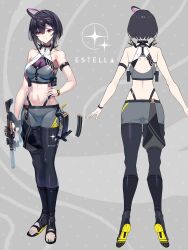 Rule 34 | 1girl, absurdres, ahoge, bare shoulders, black hair, closed mouth, commentary request, earrings, eyelashes, from behind, full body, grey background, gun, hand on own hip, hide448, highres, holding, holding gun, holding weapon, jewelry, midriff, multiple views, navel, original, short hair, sidelocks, smile, standing, toeless footwear, weapon