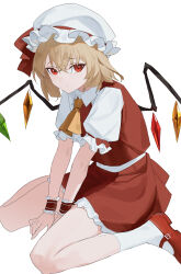 1girl absurdres ascot between_legs blonde_hair bow chinese_commentary closed_mouth collared_shirt commentary_request crystal crystal_wings fanshuimucishen flandre_scarlet frilled_skirt frilled_sleeves frilled_wrist_cuffs frills full_body furrowed_brow hand_between_legs hat hat_ribbon highres looking_at_viewer mary_janes mob_cap multicolored_wings puffy_short_sleeves puffy_sleeves red_bow red_eyes red_ribbon red_shoes red_skirt red_vest red_wrist_cuffs ribbon shirt shoes short_hair short_sleeves simple_background sitting skirt skirt_set sleeve_bow socks solo touhou vest wariza white_background white_hat white_shirt white_socks wings wrist_cuffs yellow_ascot