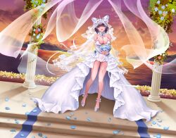 Rule 34 | 1girl, absurdres, animal ears, aqua streaks, azur lane, bare shoulders, blue flower, blue gemstone, blue petals, blue rose, bouquet, breasts, bridal gauntlets, bridal veil, cat ears, cheshire (azur lane), cheshire (white seaside melody) (azur lane), cleavage, closed eyes, column, commentary, detached collar, dress, dutch angle, english commentary, evening, facing viewer, fake animal ears, flower, frilled dress, frills, gem, happy, highres, holding, holding bouquet, jewelry, large breasts, medium hair, multicolored hair, official alternate costume, open mouth, outdoors, pillar, purple hair, ring, rose, see-through clothes, see-through dress, shoes, showgirl skirt, solo, streaked hair, sunset, tah1 26, two-tone hair, veil, water, wedding dress, wedding ring, white bridal gauntlets, white dress, white flower, white rose, white shoes, white veil