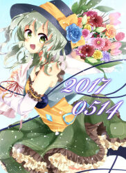 1girl 2017 :d adapted_costume bare_shoulders black_hat blue_flower blue_rose blush bouquet bow commentary cowboy_shot dated floating_hair flower frilled_shirt frilled_skirt frills green_eyes green_hair green_skirt hat hat_bow hat_flower holding holding_bouquet koishi_day komeiji_koishi leaf blue_background looking_at_viewer medium_hair open_mouth petticoat pink_flower red_flower rose sakura_(kasupi) shirt simple_background skirt sleeveless sleeveless_shirt smile solo standing teeth third_eye touhou upper_teeth_only wavy_hair yellow_bow yellow_flower yellow_shirt