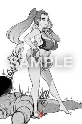1boy 1girl ball_busting bar_censor bdsm beating breasts cbt censored cheerleader cleavage covered_erect_nipples crotch_stomping footjob highres honjoumiya_tsubomi large_breasts long_hair miniskirt monochrome peace_hame penis pisu_hame sadism shiwasu_no_okina skirt smile standing stomping testicles twintails white_background