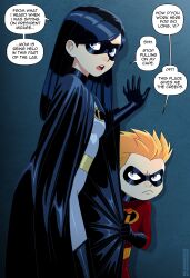 1boy 1girl absurdres alternate_costume alternate_universe black_cape black_gloves black_hair blue_eyes brother_and_sister cape dash_parr english_text eye_mask gloves highres latex latex_gloves long_hair nico-neko open_mouth orange_hair short_hair siblings superhero_costume teeth the_incredibles tongue upper_teeth_only violet_parr
