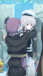 4girls absurdres awa_subaru beret black_choker black_jacket black_skirt blush brown_hair choker closed_mouth collar commentary crown ebizuka_tomo english_commentary girls_band_cry grey_eyes grey_hair grey_jacket hat highres iseri_nina jacket kawaragi_momoka long_hair low_twintails mini_crown multicolored_hair multiple_girls red_collar roots_(hair) shadow short_hair short_twintails skirt twintails white_hat ydpfa yuri