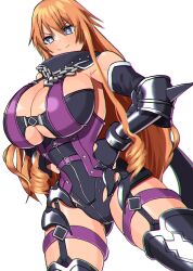 &gt;:) 1girl akisu_k armor armored_dress armored_legwear astral_dress bare_shoulders belt black_dress black_gloves braid breasts chain chain_necklace cleavage date_a_live dress drill_hair gloves grey_eyes huge_breasts jewelry kazamachi_yamai large_breasts legs light_smile lock long_hair looking_at_viewer necklace orange_hair purple_dress side_braids simple_background solo spikes standing strap thighs twin_drills upper_body v-shaped_eyebrows very_long_hair white_background